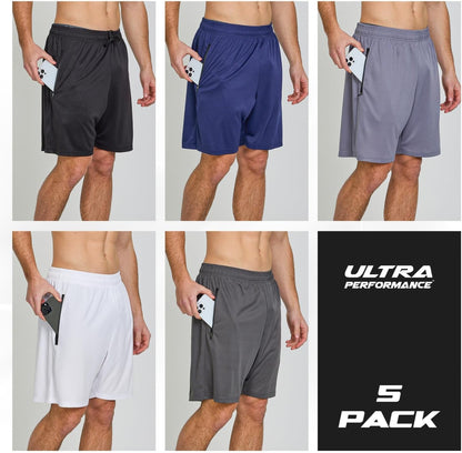 Mens Gym Workout Shorts 5 Pk Men’S Athletic Running Basketball Shorts for Men with Zipper Pockets 7”Inseam