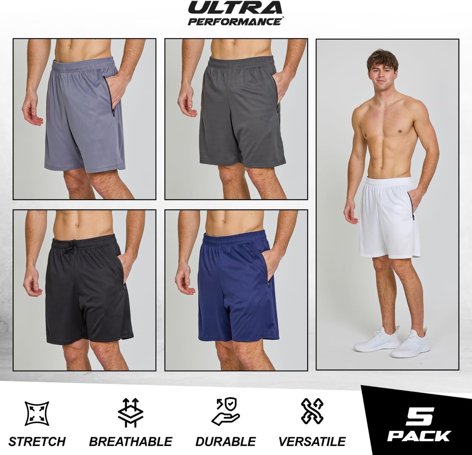 Mens Gym Workout Shorts 5 Pk Men’S Athletic Running Basketball Shorts for Men with Zipper Pockets 7”Inseam