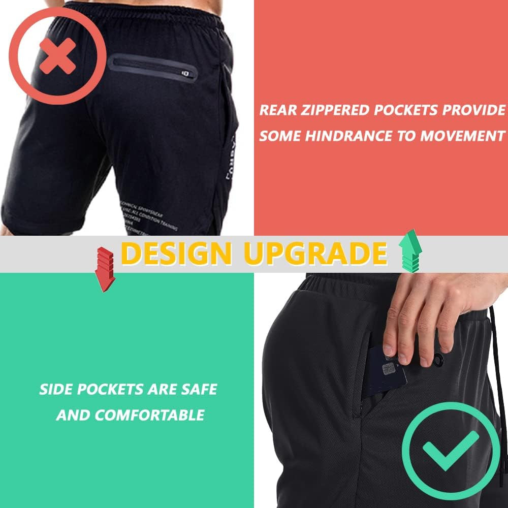 Mens 2 in 1 Running Shorts Quick Dry Gym Athletic Workout Clothes with Side Pockets